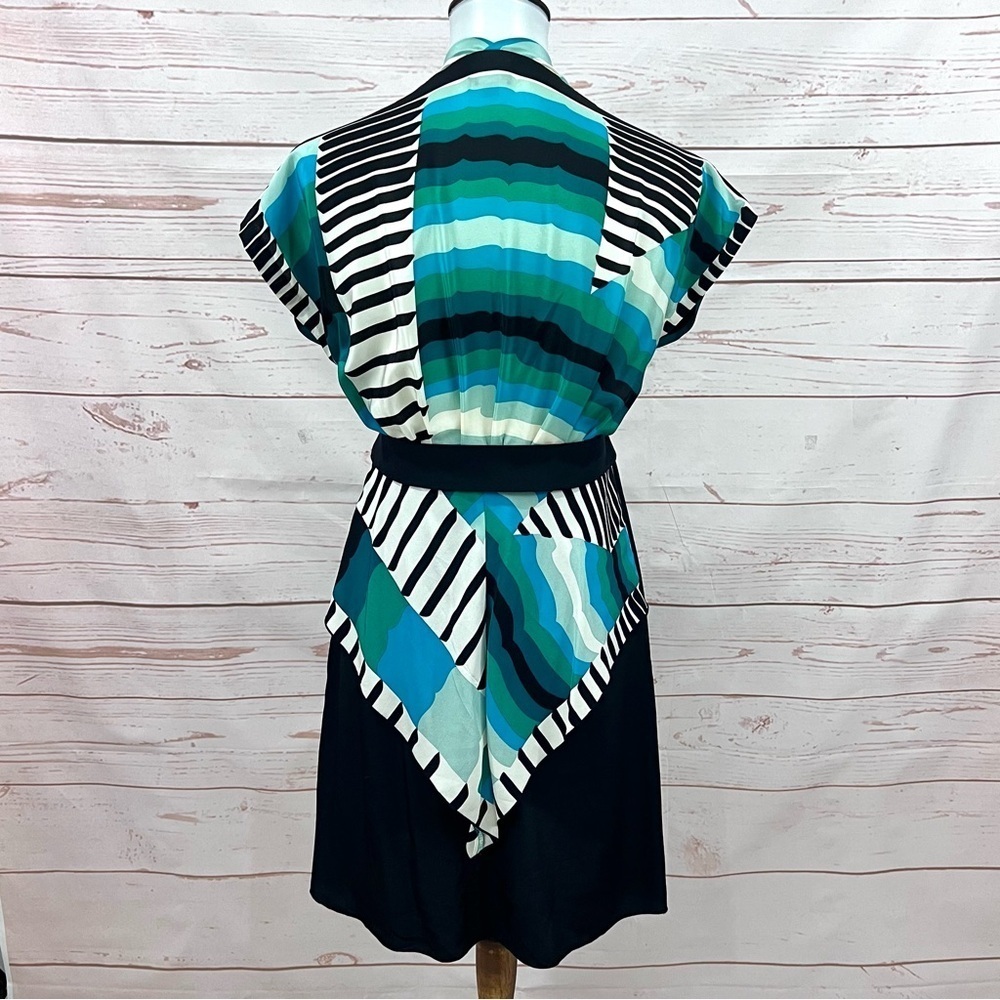 Anna Sui Silk Teal Serape Striped Dolman Sleeve Geometric Peplum Dress - Picture 2 of 11